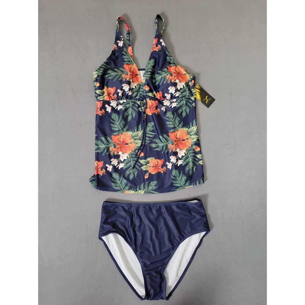 BikiniX Womens Two Piece Modest Tankini Swimsuit Set Floral V-Neck XL